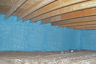 During a home cottage or commercial inspection in the Orillia, Gravenhurst,Bracebridge and Muskoka area we often find improperly installed vapour barrier Her we see a crawlspace that has been fully spray foamed a bit larger job but fully doable for the DIYer.m joist space in a home cottage or commercial building.