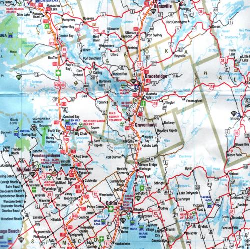 Map of Done Right Home Inspection Service area . Shows Orillia, Gravenhurst, Bracebridge, Port Carling, Bala, Midland, Coldwater, Seabright, and sourounding areas.