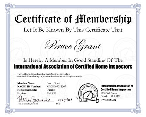 Certificate of membership  in the International Association of Home Inspectors, carries Official seal and home inspector logo. Home cottage and commercial inspection done to InterNACHI higest standarda in Orillia Gravenhurst and Muskoka.