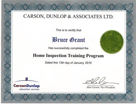 Home Inspection training certificate from Carson Dunlop home inspection training program represents 480 hours of academic training I trained through this firm as they are the people who provide course content to the colleges for their home inspection courses. Some of the colleges student receive technical support via email from Carson Dunlop so i elected to receive my training through the firm directly rather than from a secondary source. This provides me with the best training for conducting home cottage and commercial inspections in Orillia, Gravenhurst and all of Muskoka.