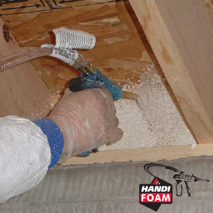 During a home cottage or commercial inspection in the Orillia, Gravenhurst,Bracebridge and Muskoka area we often find improperly installed vapour barrier Her we see the process of spraying a rim joist space in a home cottage or commercial building.